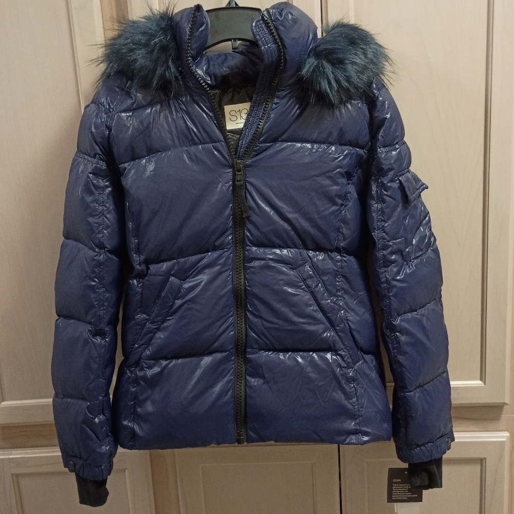 ✨ NWT S13 New York Navy Glossy Puffer Jacket Faux Fur Hood Size L $240 🧥❄️